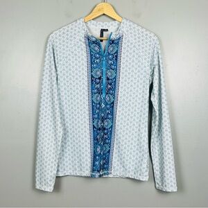 Aqua Et Sol UPF 50+ aqua blue print 1/4 zip pullover swim rashguard top, medium.